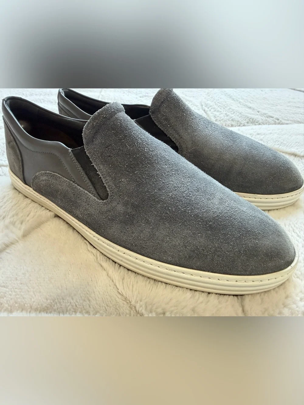 LIKE NEW! $980 Ferragamo Grey Suede Leather Slip-On Vans Derby Sneakers 10 D